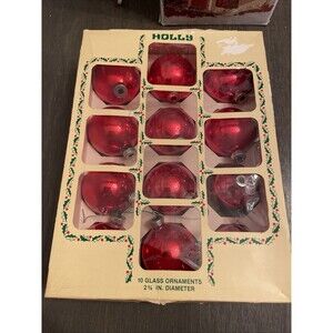 Vintage Holly Shiny Red Glass Christmas Ornaments 2 5/8” set of 9 USA 1” (1)